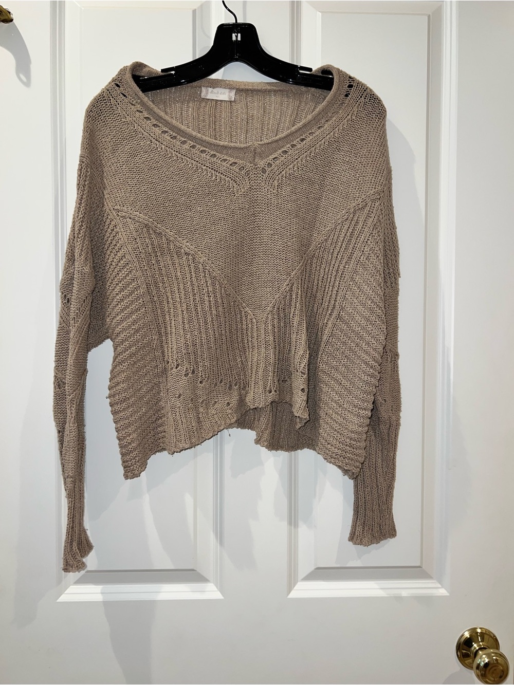 Altar'd State Taupe Distressed V-Neck Cropped Knit Sweater